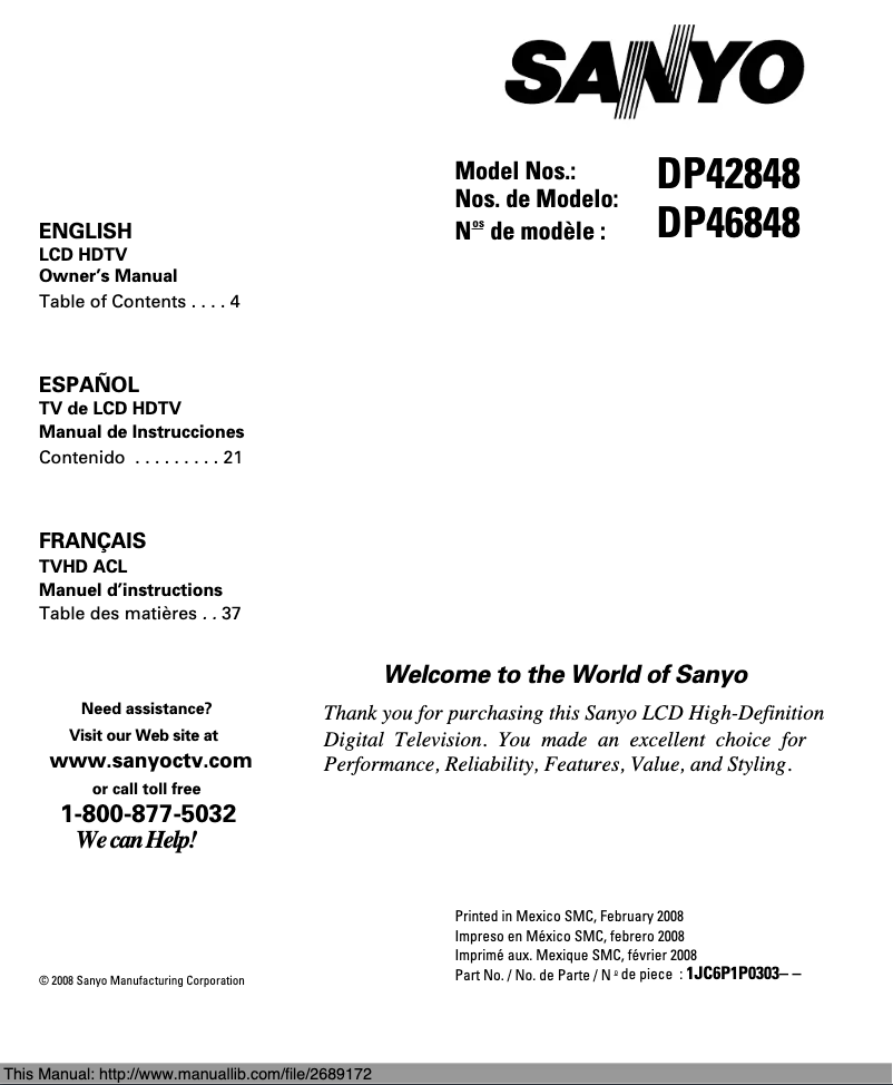 Page n°1 - Manuel utilisateur Sanyo DP46848