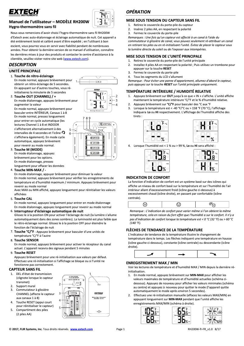 Page 1 de la notice Manuel utilisateur Extech RH200W