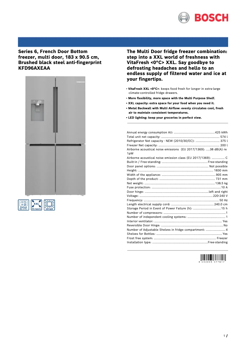 Page 1 de la notice Fiche technique Bosch KFD96AXEAA