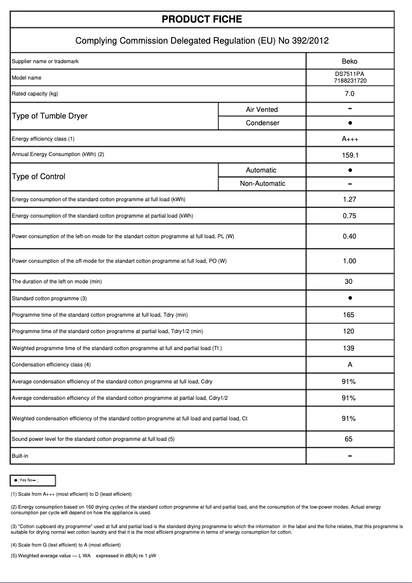 Page 1 de la notice Fiche technique Beko DS7511PA