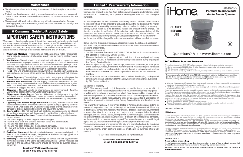 Page n°1 - Manuel utilisateur iHome iM70