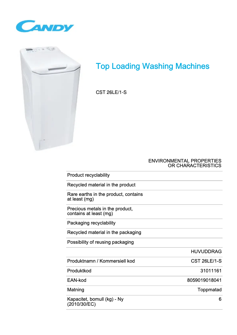 Page 1 de la notice Fiche technique Candy CST 26LE/1-S