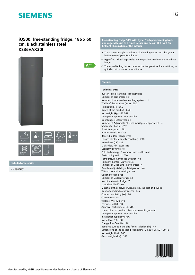 Page n°1 - Fiche technique Siemens KS36VAX30I