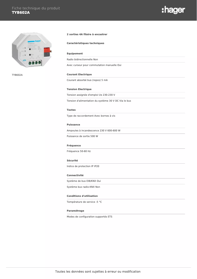 Page n°1 - Fiche technique Hager TYB602A