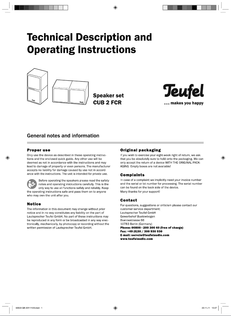 Page n°1 - Manuel utilisateur Teufel Cubycon 2 Wireless