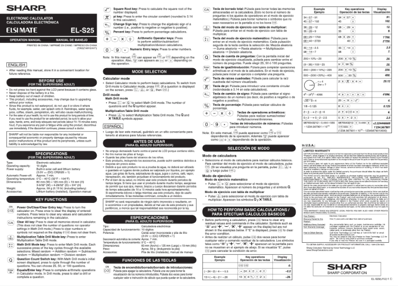 Page 1 de la notice Manuel utilisateur Sharp EL-S25