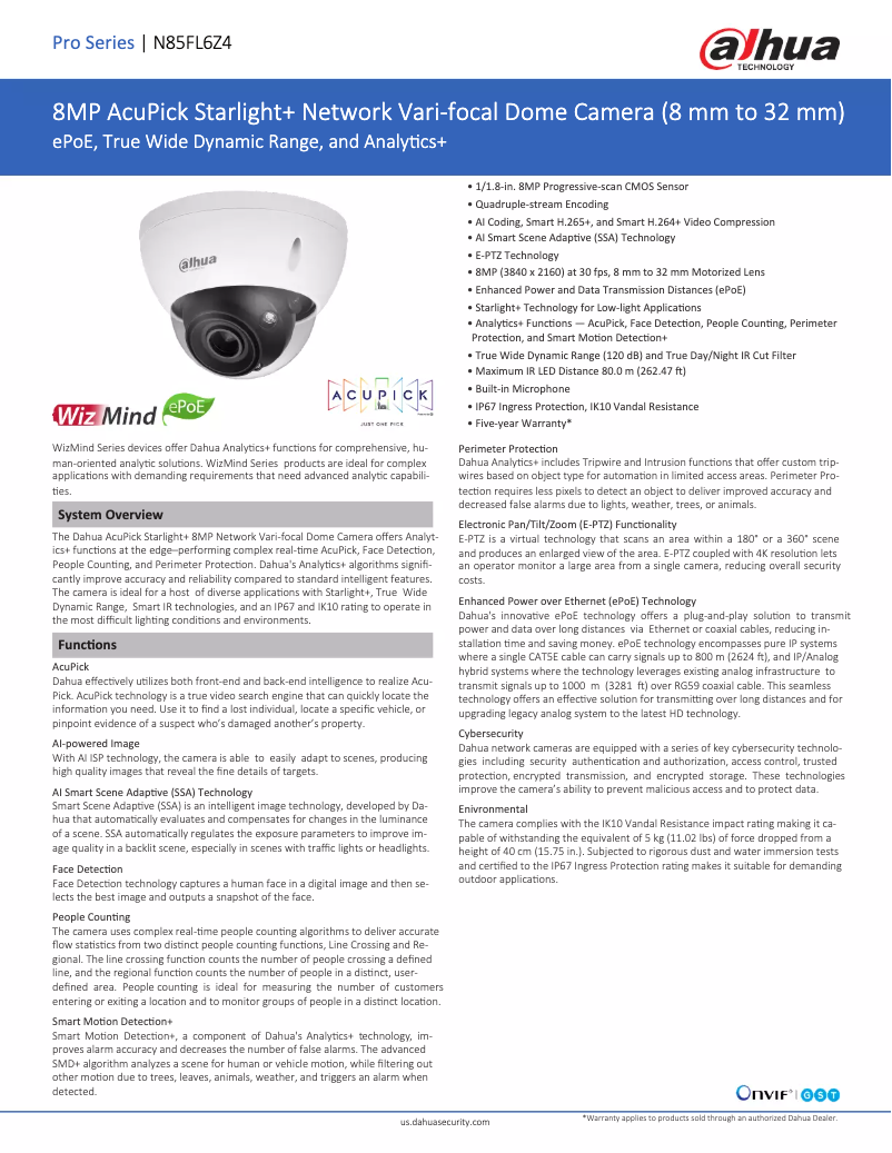 Page 1 de la notice Fiche technique Dahua Technology N85FL6Z4