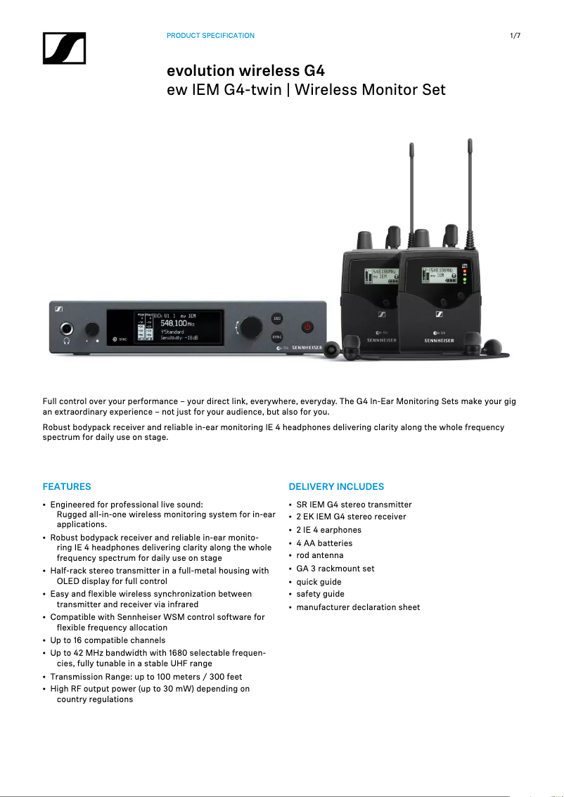 Page 1 de la notice Fiche technique Sennheiser IE 4
