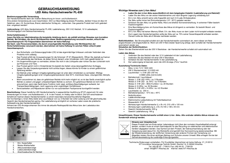 Image de la première page du manuel de l'appareil PL-830-3W
