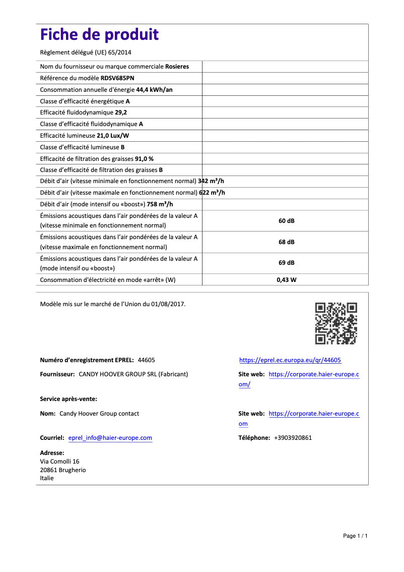 Page n°1 - Fiche technique Rosieres RDSV 685 PN