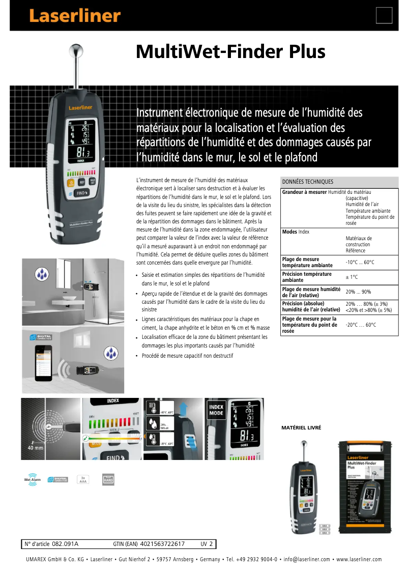 Page 1 de la notice Fiche technique Laserliner MultiWet-Finder Plus