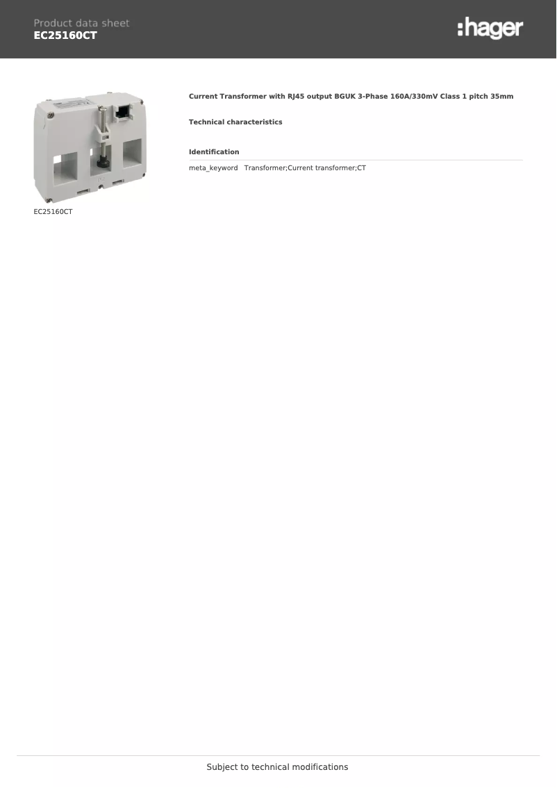 Page n°1 - Fiche technique Hager EC25160CT