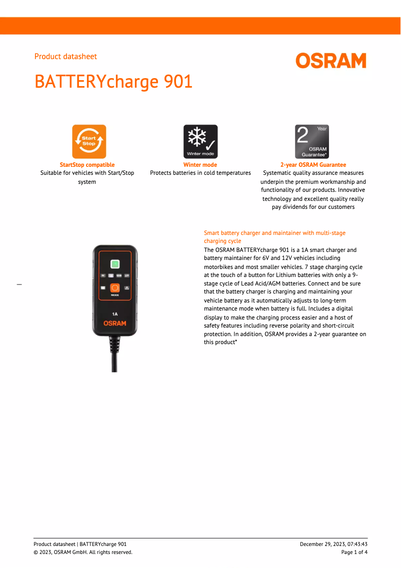 Page n°1 - Fiche technique Osram BATTERYcharge 901