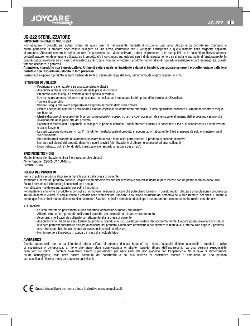 Page n°1 - Manuel utilisateur Joycare JC-222