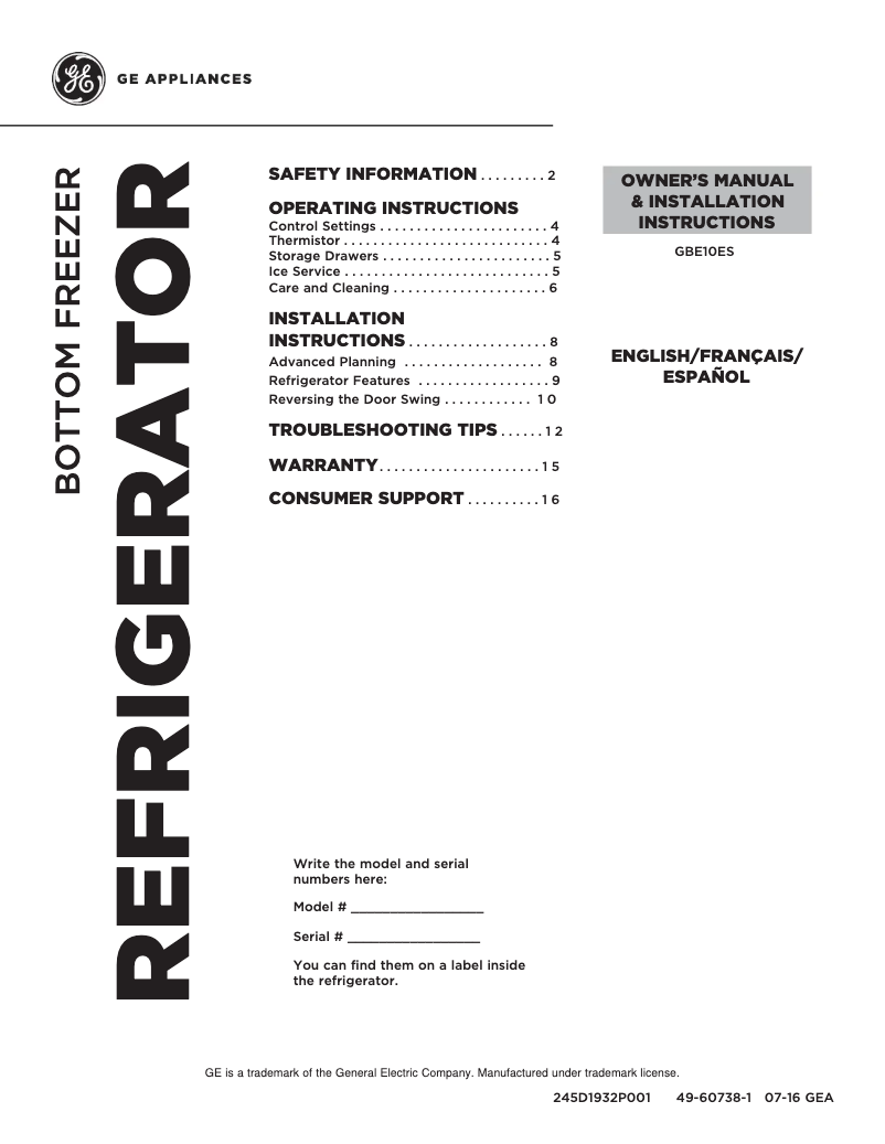 Imagen de la primera página del manual del dispositivo GBE10ESJSB