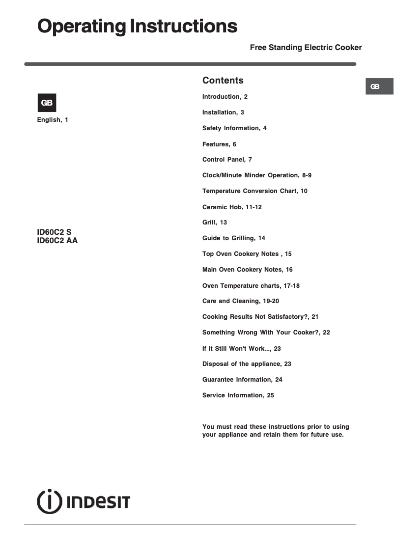 Image de la première page du manuel de l'appareil ID60C2(K)S