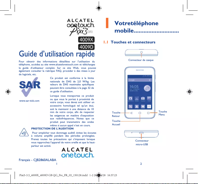 Image de la première page du manuel de l'appareil OneTouch Pixi 3