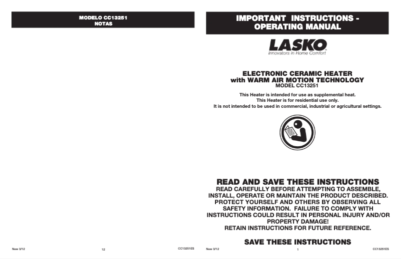 Page 1 de la notice Manuel utilisateur Lasko CC13251