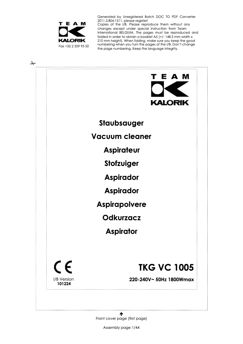 Image de la première page du manuel de l'appareil TKG VC 1005