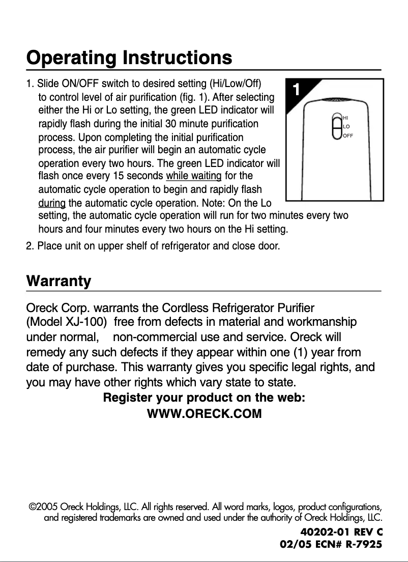 Page 1 de la notice Manuel utilisateur Oreck XJ-100