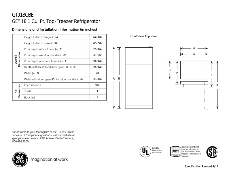 Página 1 del manual Ficha técnica GE GTJ18CBESA