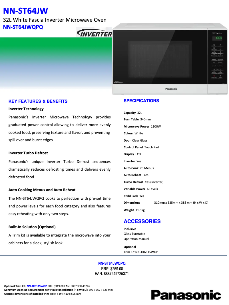 Page 1 de la notice Fiche technique Panasonic NN-ST64JW