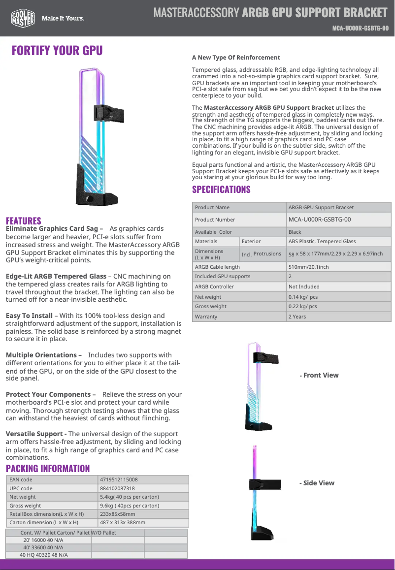 Page 1 de la notice Fiche technique Cooler Master ARGB GPU Support Bracket