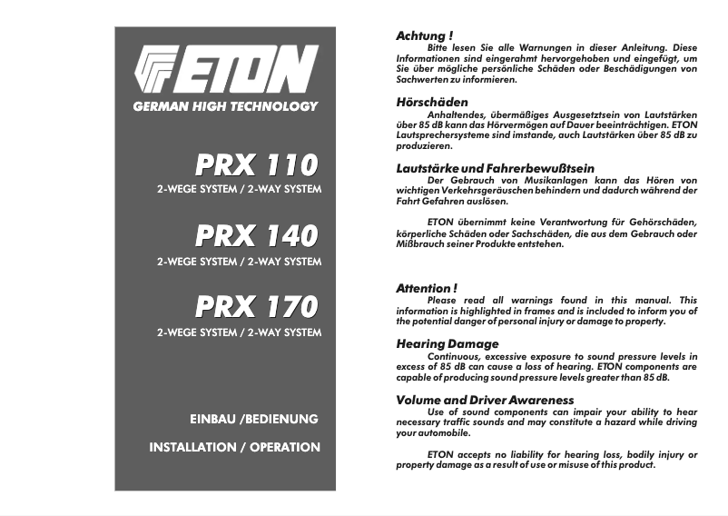 Page n°1 - Manuel utilisateur Eton PRX 110