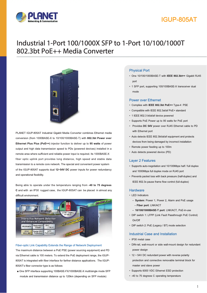 Page 1 de la notice Fiche technique Planet IGUP-805AT