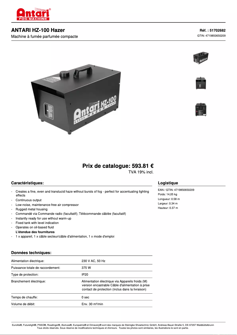 Page 1 de la notice Fiche technique Antari HZ-100