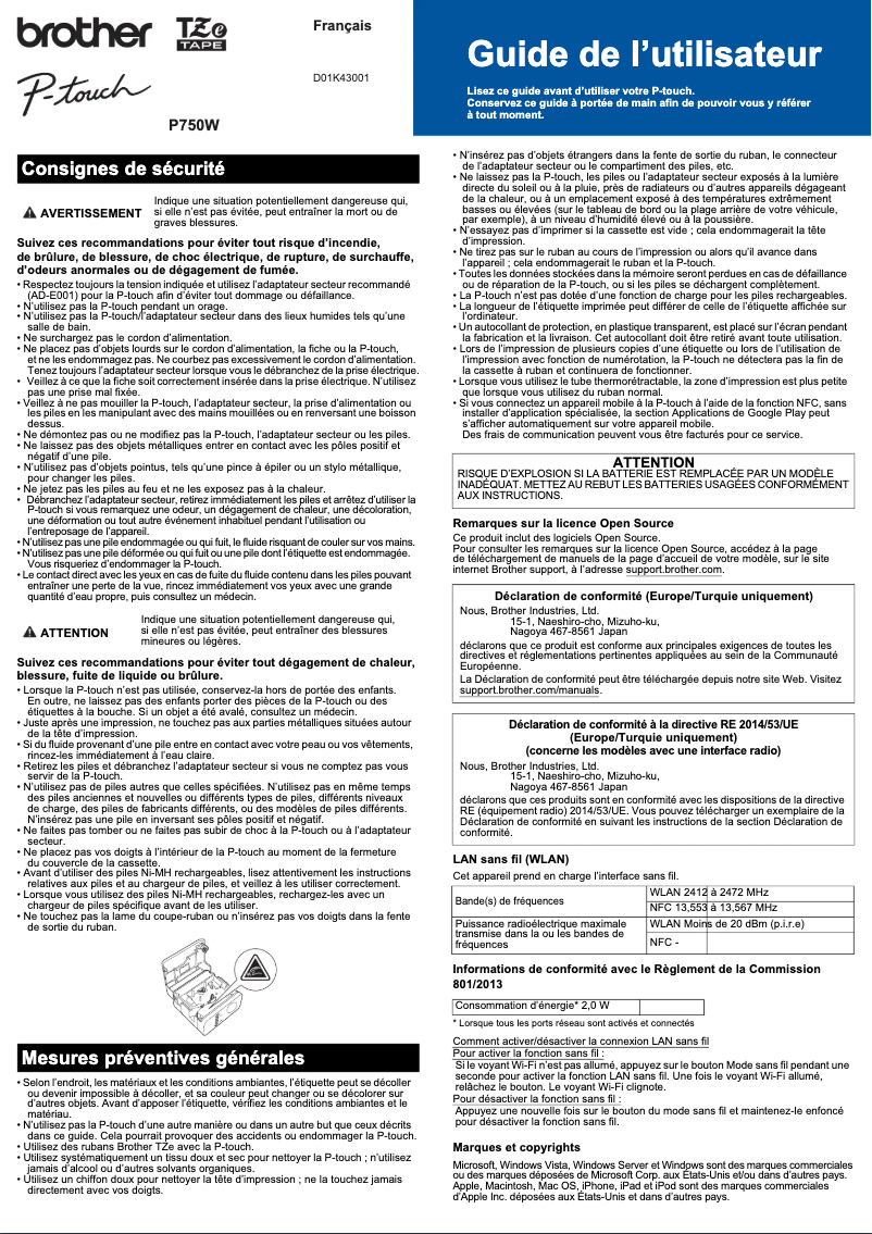 Page 1 de la notice Manuel utilisateur Brother P-touch PT-P750W