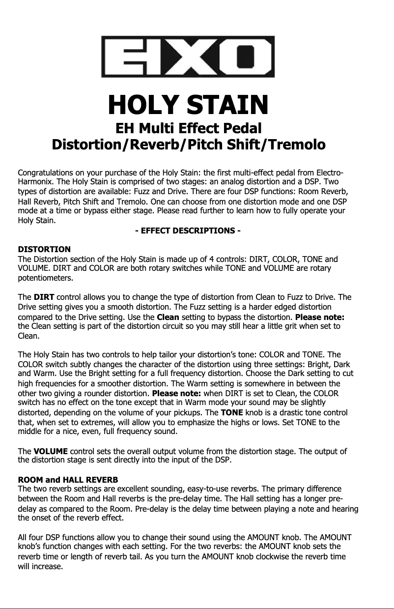 Page 1 de la notice Manuel utilisateur Electro Harmonix Holy Stain