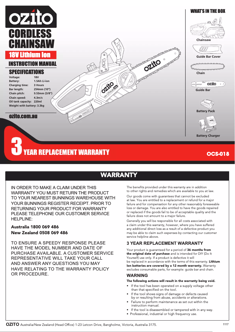 Page 1 de la notice Manuel utilisateur Ozito OCS-018