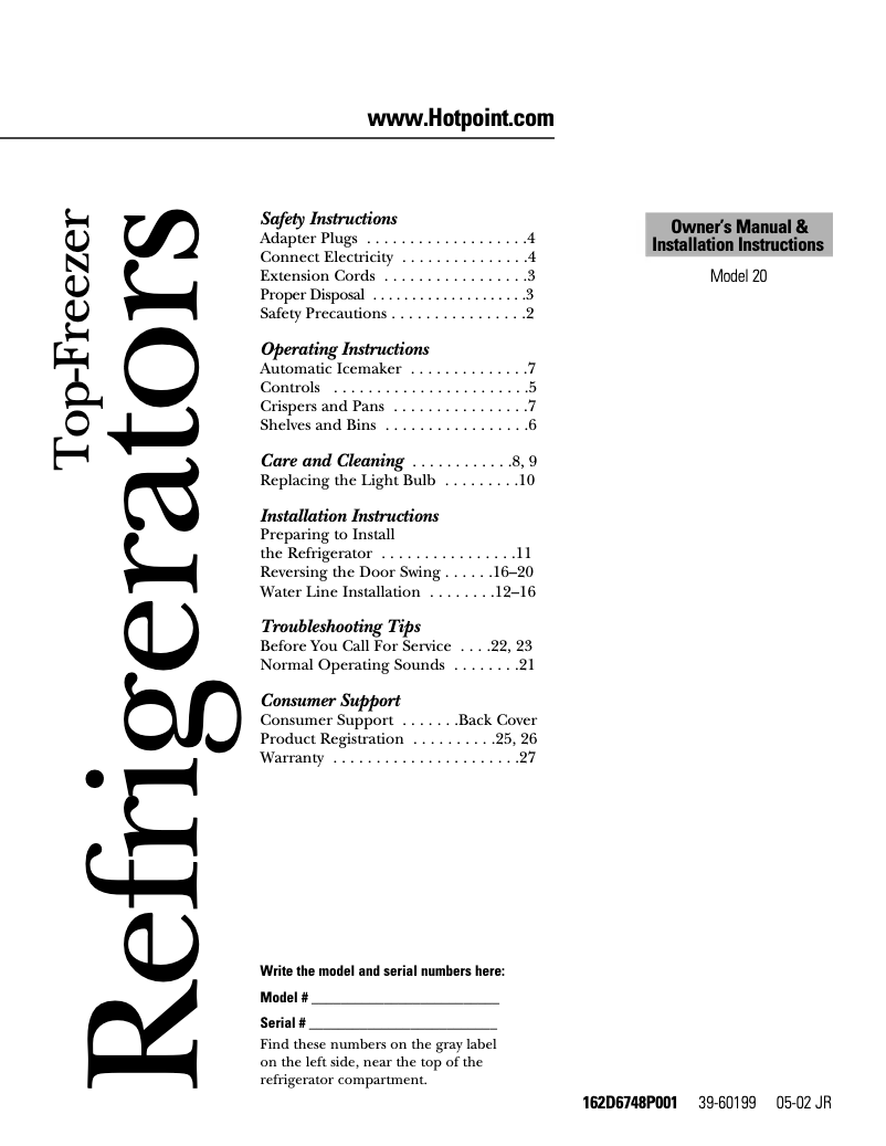 Page 1 de la notice Manuel d'utilisation et d'entretien Hotpoint HTS18JCNWW