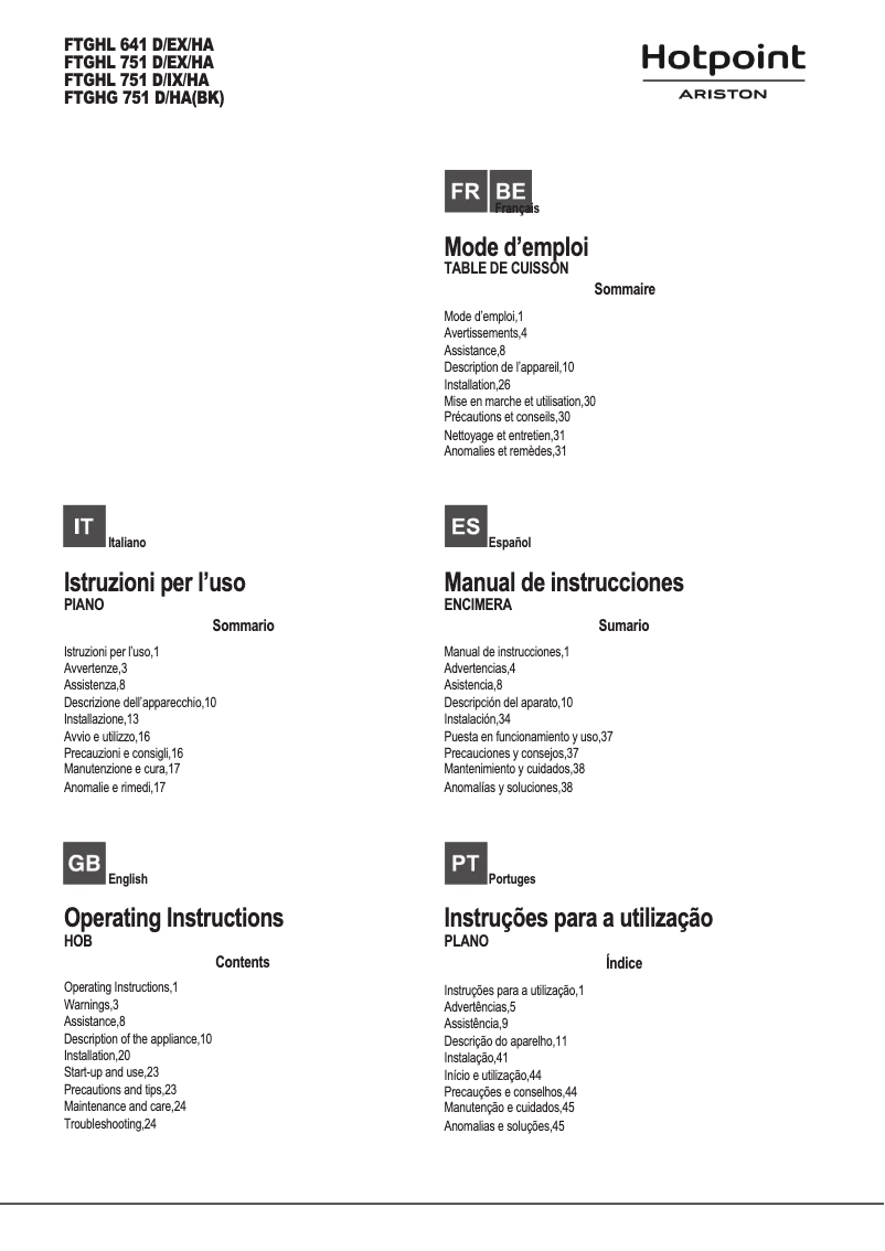 Page 1 de la notice Manuel utilisateur Hotpoint Ariston FTGHG 751 D/HA(BK)