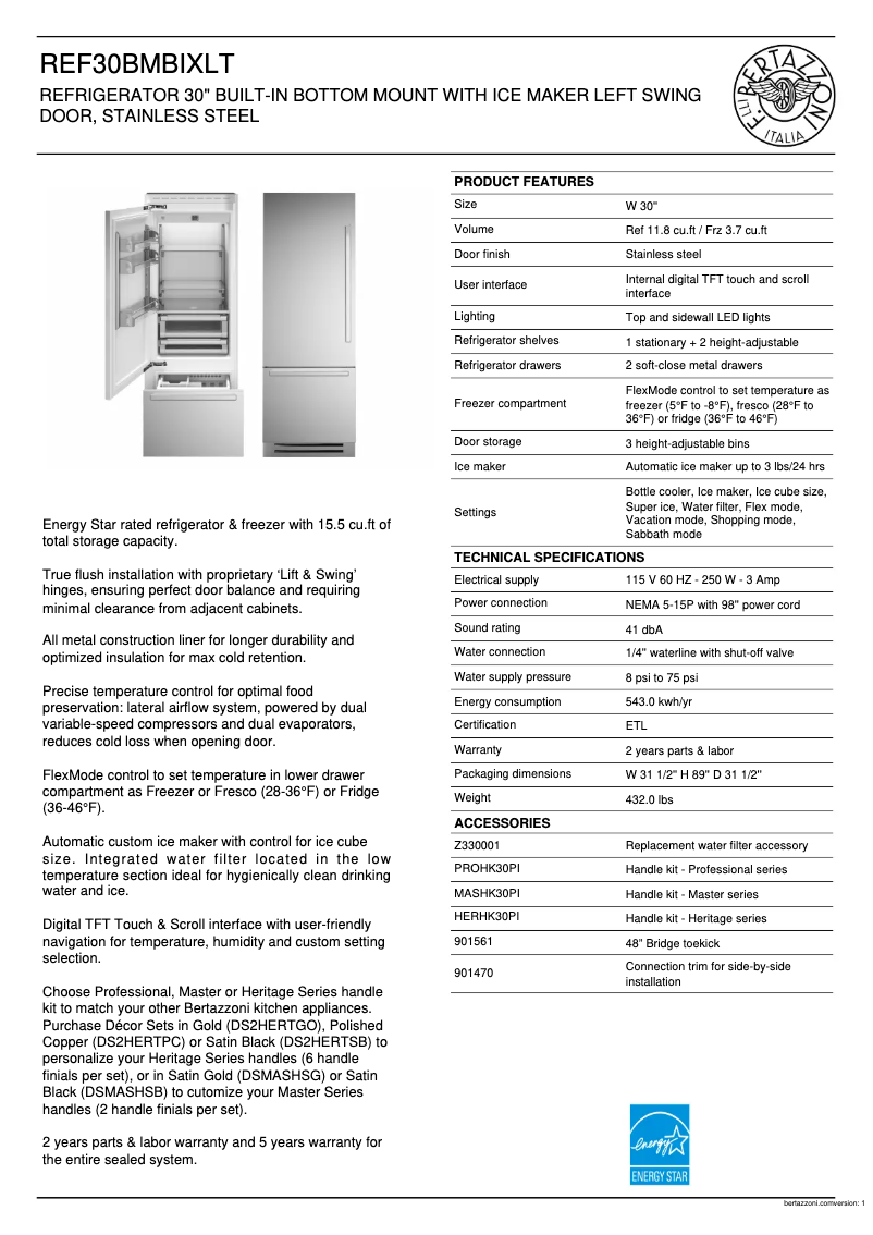 Page 1 de la notice Fiche technique Bertazzoni REF30BMBIXLT