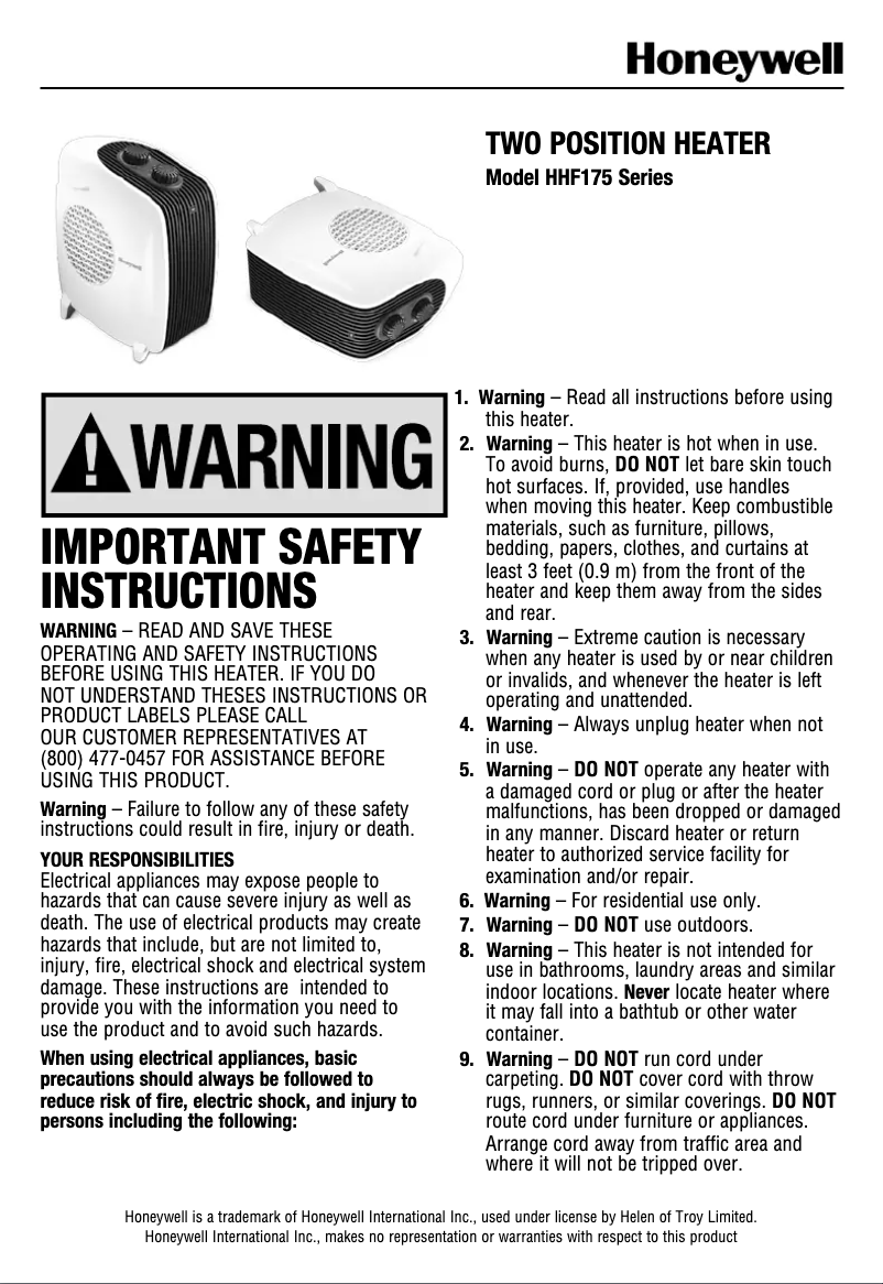 Page 1 de la notice Manuel utilisateur Honeywell HHF175