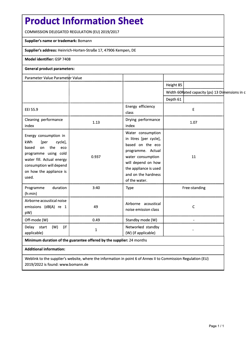 Page 1 de la notice Fiche technique Bomann GSP 7408