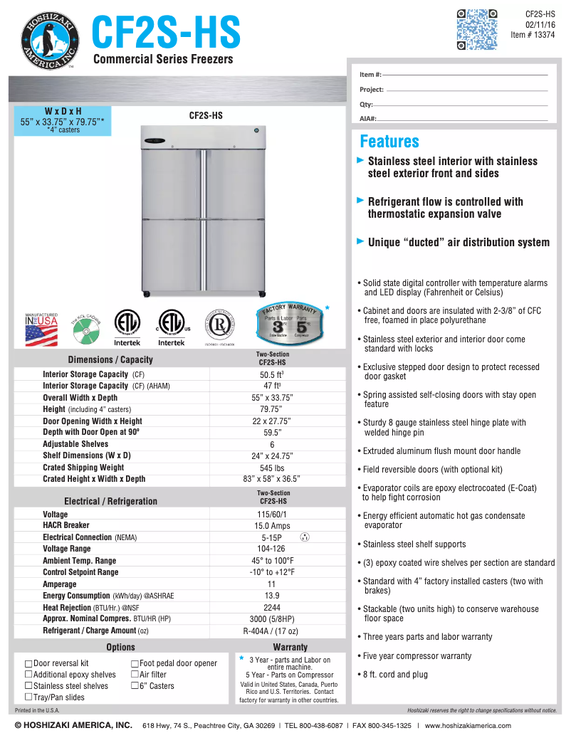 Page 1 de la notice Fiche technique Hoshizaki Commercial CF2S-HS