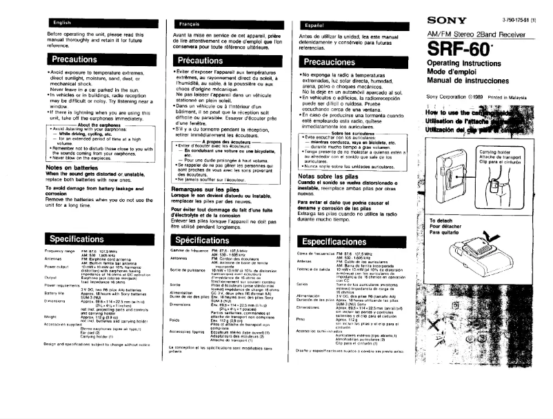 Página 1 del manual Manual de usuario Sony SRF-60