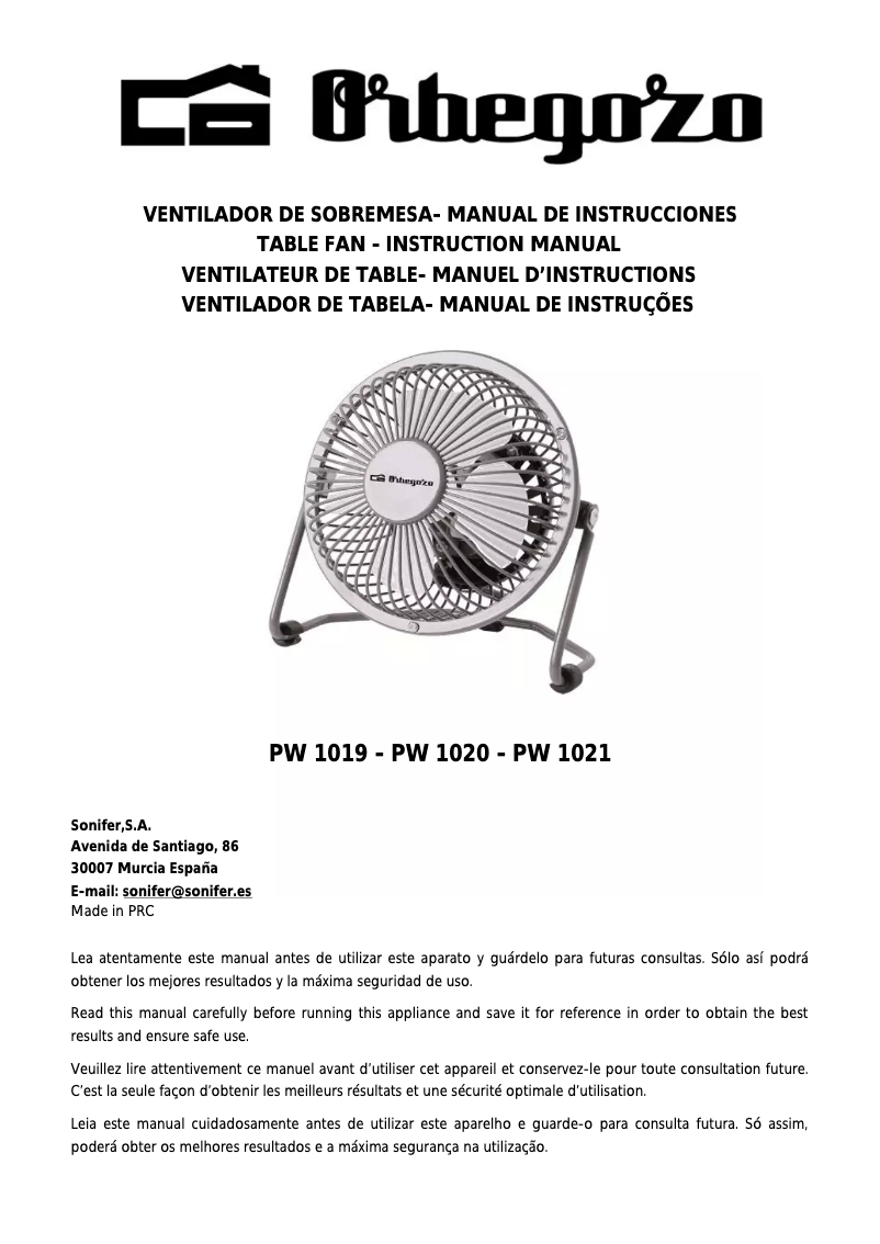 First page image of the manual for PW 1021