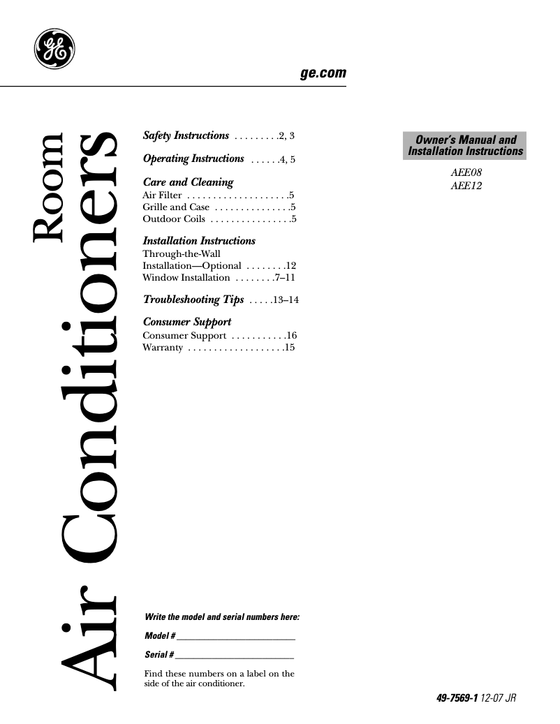 Page 1 de la notice Guide d'installation GE AEE12DK