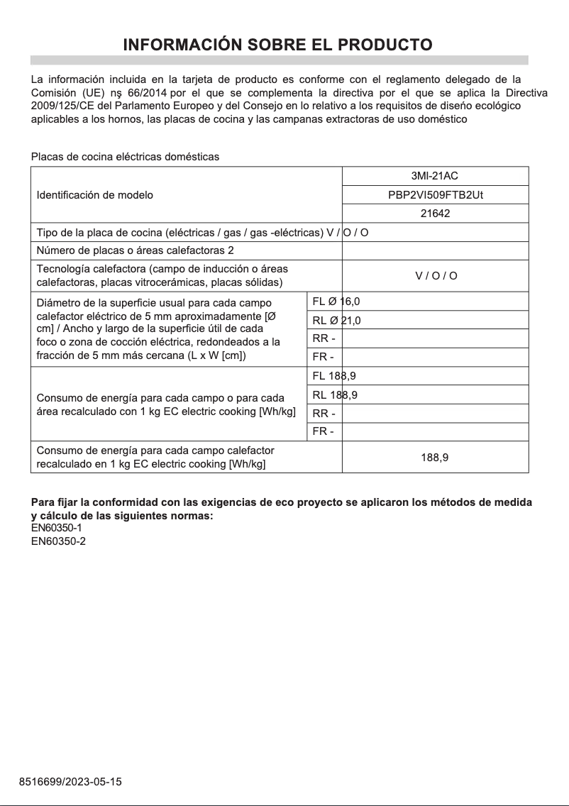 Page 1 de la notice Fiche technique Fagor 3MI-21AC