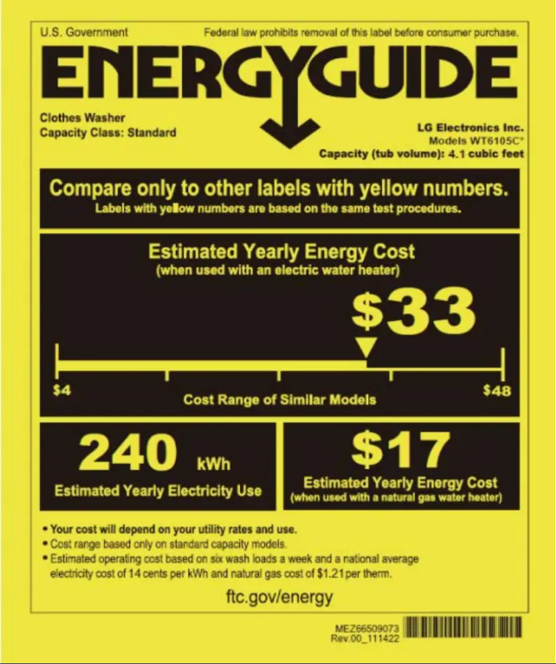 Page 1 de la notice Label énergétique LG WT6105CW