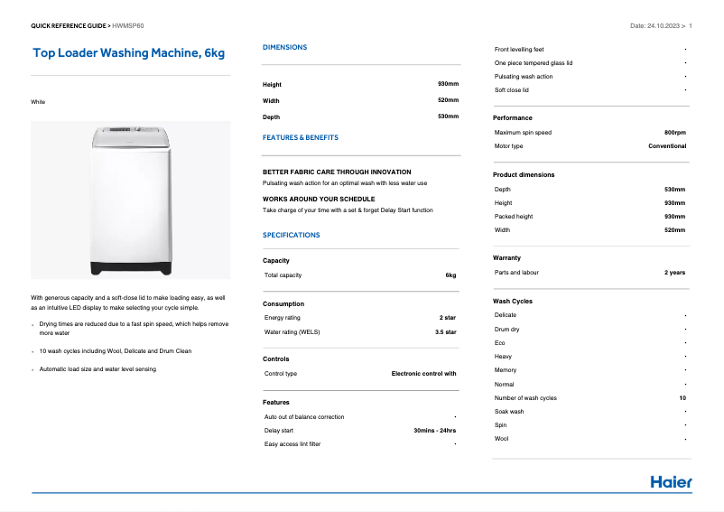 Page 1 de la notice Manuel utilisateur Haier HWMSP60