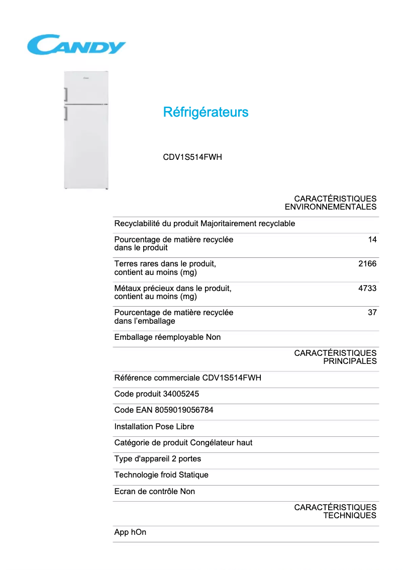 Page 1 de la notice Fiche technique Candy CDV1S514FWH