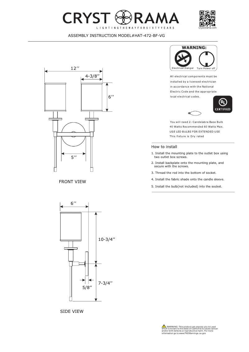 Page 1 de la notice Manuel utilisateur Crystorama Hatfield HAT-472-BF-VG