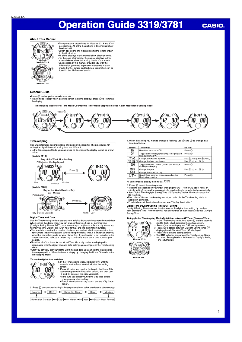 Page 1 de la notice Manuel utilisateur Casio AQ-160WD-1BVDF