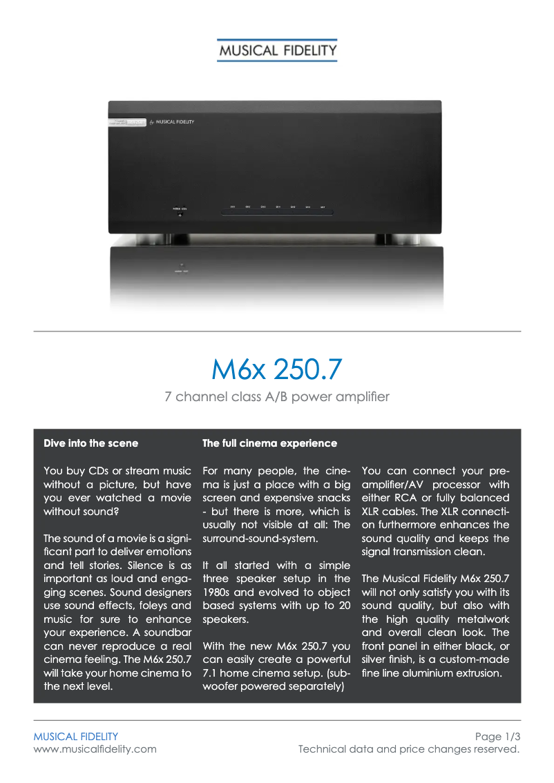 Page 1 de la notice Fiche technique Musical Fidelity M6x 250.7