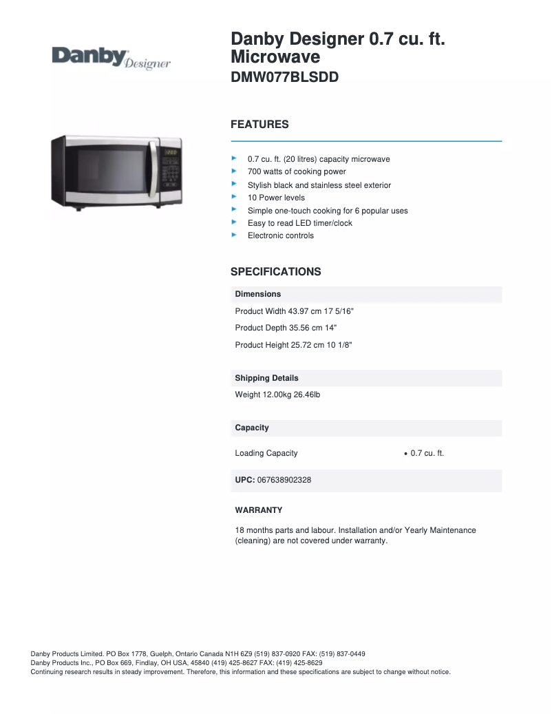 Page n°1 - Fiche technique Danby DMW077BLSDD